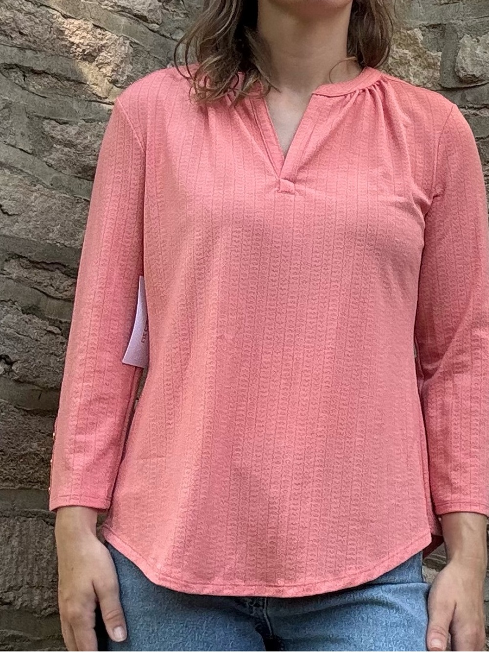 Liz Claiborne Coral Pink Split-Neck Long Sleeve Top